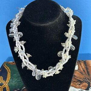 White 3-Strand Glass & Plastic Bead Necklace w/ Matching Earrings Set Vintage